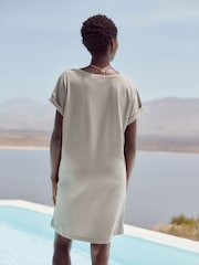 Olive Green 100% Cotton Relaxed V-Neck Capped Sleeve Tunic Dress - Image 2 of 5