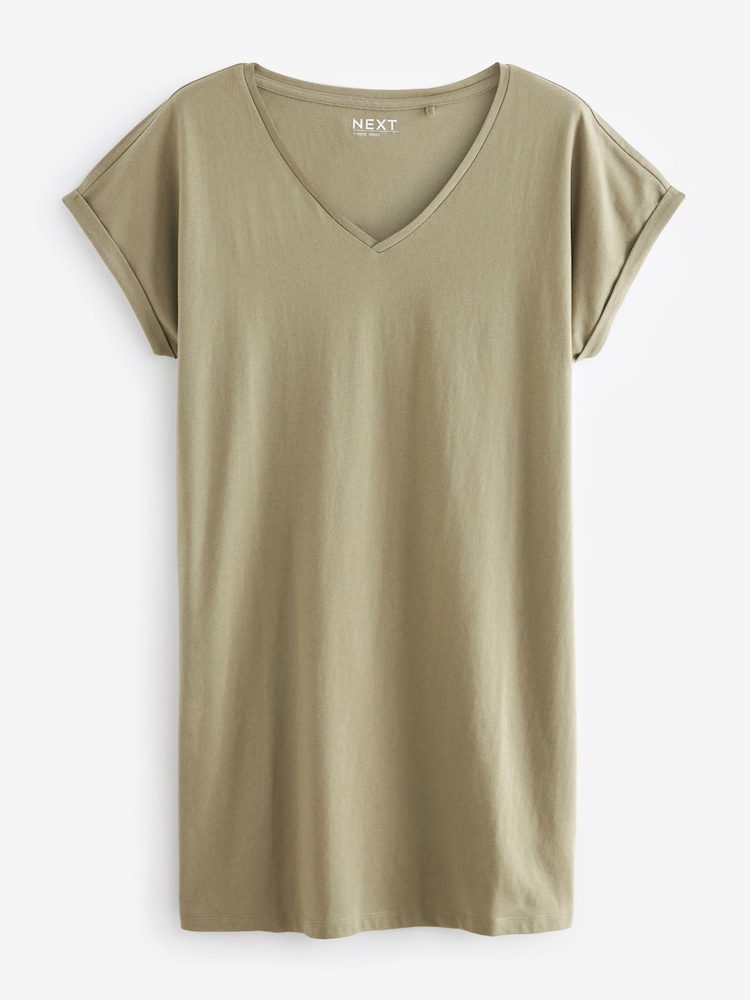 Olive Green 100% Cotton Relaxed V-Neck Capped Sleeve Tunic Dress - Image 4 of 5