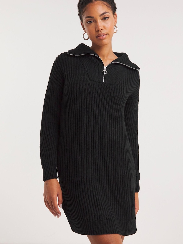 Simply Be Black Zip Neck Knitted Dress - Image 1 of 4