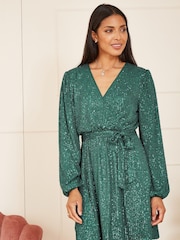 Mela Green Sequin Belted Wrap Long Sleeve Dress - Image 1 of 5