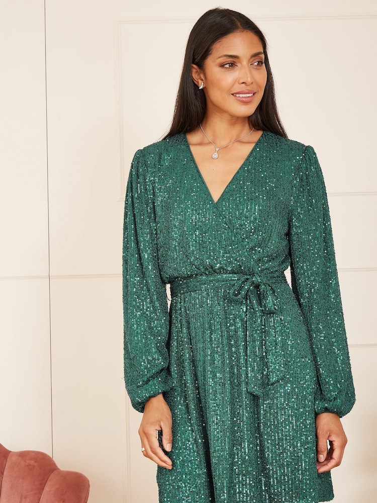 Mela Green Sequin Belted Wrap Long Sleeve Dress - Image 1 of 5