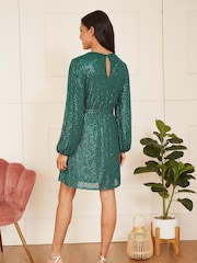 Mela Green Sequin Belted Wrap Long Sleeve Dress - Image 2 of 5
