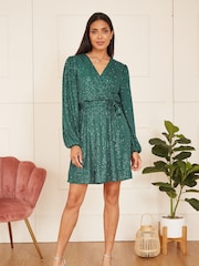 Mela Green Sequin Belted Wrap Long Sleeve Dress - Image 3 of 5