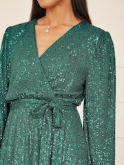 Mela Green Sequin Belted Wrap Long Sleeve Dress - Image 4 of 5