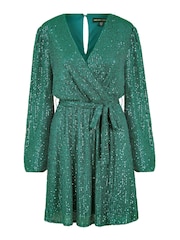 Mela Green Sequin Belted Wrap Long Sleeve Dress - Image 5 of 5