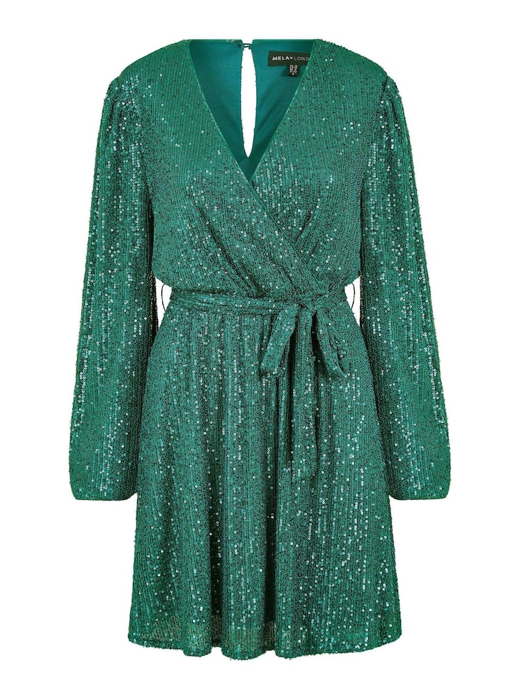 Mela Green Sequin Belted Wrap Long Sleeve Dress - Image 5 of 5