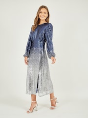 Yumi Blue Sequin Ombre Long Sleeve Midi Dress - Image 1 of 5