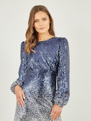 Yumi Blue Sequin Ombre Long Sleeve Midi Dress - Image 2 of 5