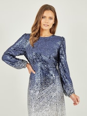 Yumi Blue Sequin Ombre Long Sleeve Midi Dress - Image 3 of 5