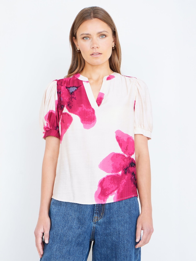 Yumi Pink Watercolour Viscose Floral Top - Image 1 of 4