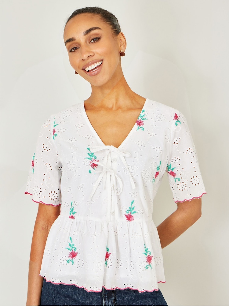 Yumi White Cotton Broderie Anglaise Embroidered Tie Top - Image 4 of 4
