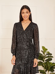 Mela Black Sequin Long Sleeve Frill Wrap Dress - Image 1 of 5