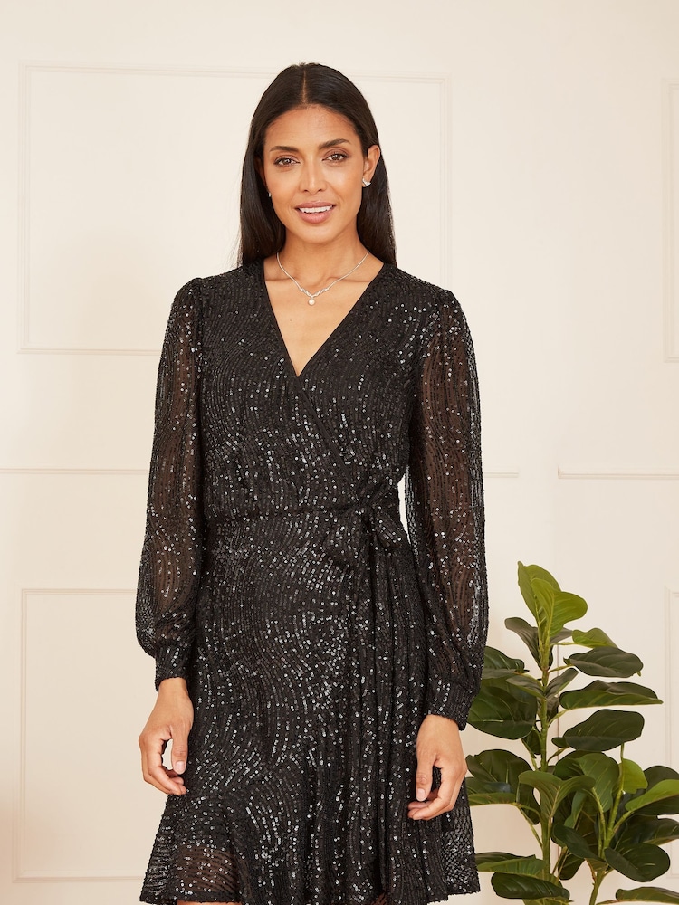 Mela Black Sequin Long Sleeve Frill Wrap Dress - Image 1 of 5
