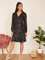 Mela Black Sequin Long Sleeve Frill Wrap Dress - Image 3 of 5