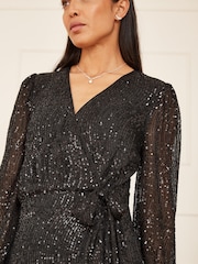 Mela Black Sequin Long Sleeve Frill Wrap Dress - Image 4 of 5