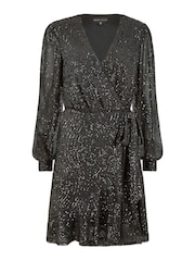 Mela Black Sequin Long Sleeve Frill Wrap Dress - Image 5 of 5