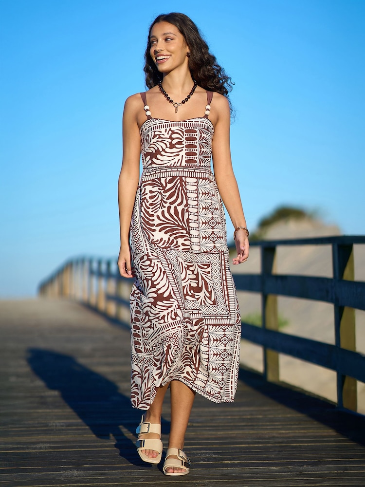 Yumi Brown Tile Print Maxi Dress With Bead Details - Image 1 of 5