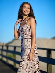 Yumi Brown Tile Print Maxi Dress With Bead Details - Image 4 of 5