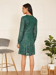 Mela Green Sequin Long Sleeve Frill Wrap Dress - Image 2 of 4