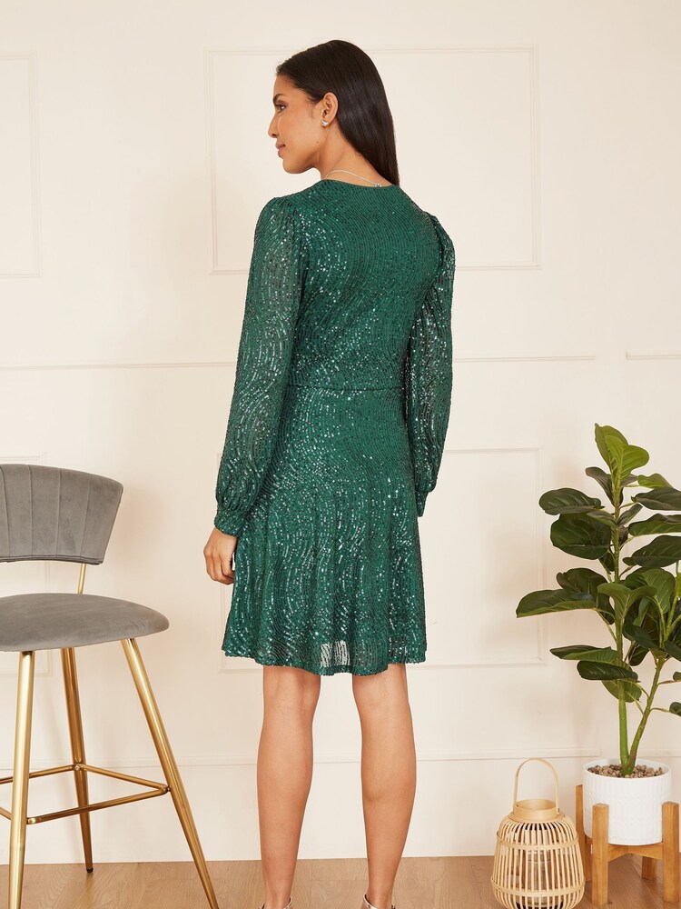 Mela Green Sequin Long Sleeve Frill Wrap Dress - Image 2 of 4