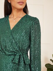Mela Green Sequin Long Sleeve Frill Wrap Dress - Image 3 of 4