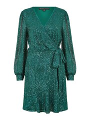 Mela Green Sequin Long Sleeve Frill Wrap Dress - Image 4 of 4