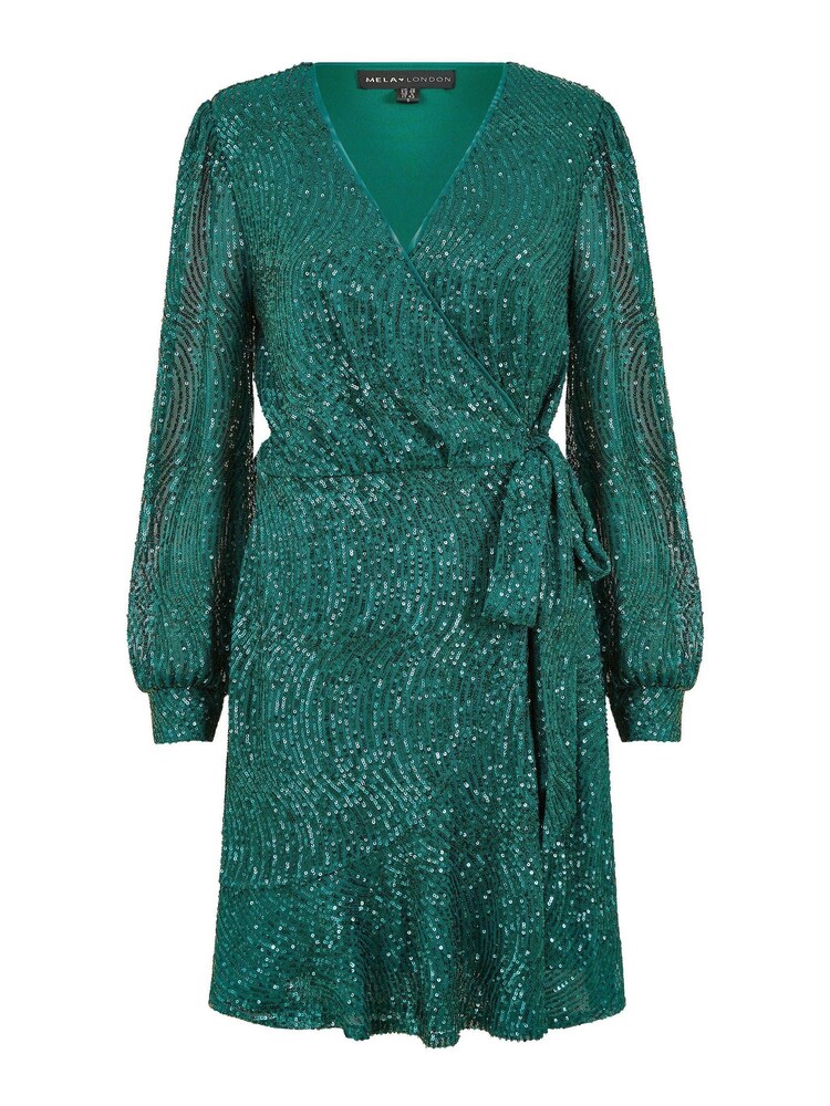 Mela Green Sequin Long Sleeve Frill Wrap Dress - Image 4 of 4