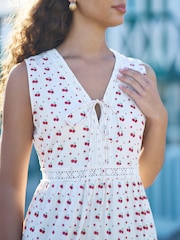 Yumi White Cherry Print Lace Trim Cotton Midi Dress - Image 4 of 4