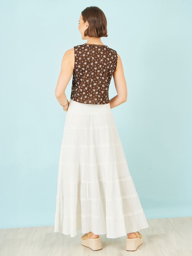 Yumi Brown Cotton Daisy Print Waistcoat Top - Image 3 of 3