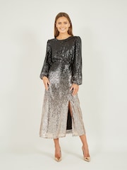 Yumi Black Sequin Ombre Long Sleeve Midi Dress - Image 1 of 5