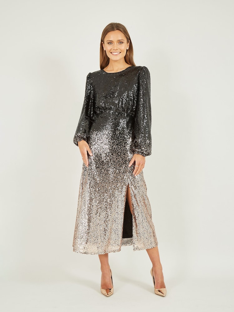 Yumi Black Sequin Ombre Long Sleeve Midi Dress - Image 1 of 5