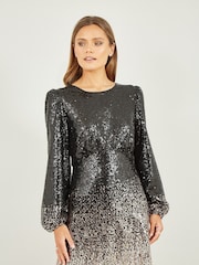 Yumi Black Sequin Ombre Long Sleeve Midi Dress - Image 2 of 5