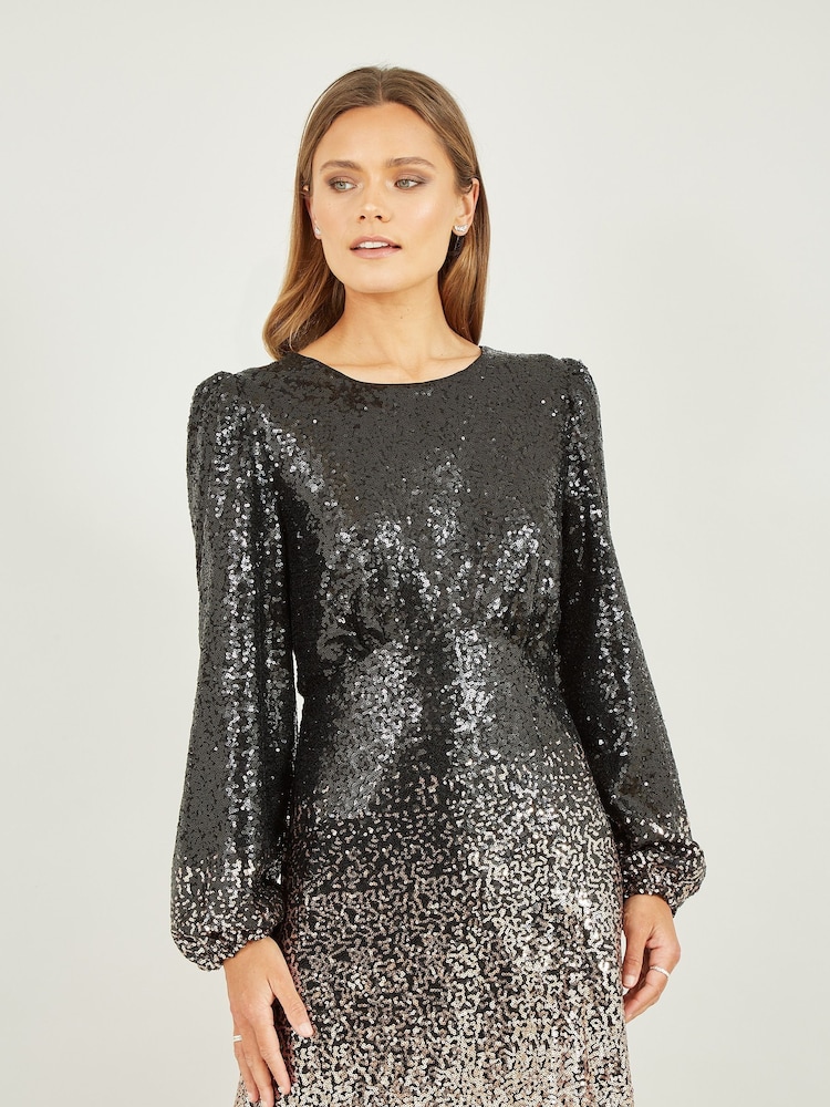 Yumi Black Sequin Ombre Long Sleeve Midi Dress - Image 2 of 5