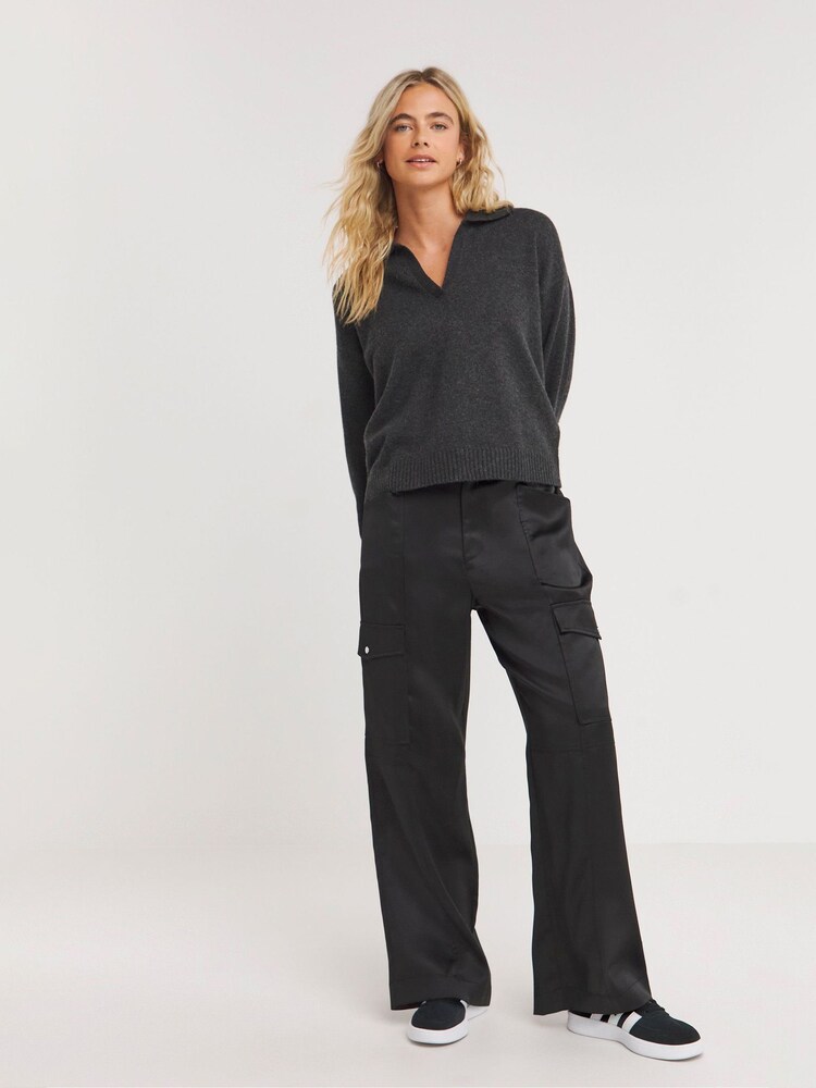 Simply Be Black Satin Cargo Trousers - Image 1 of 4