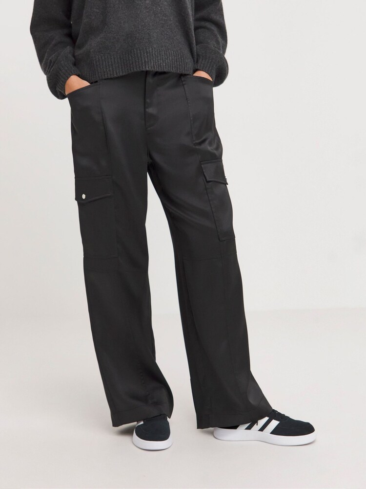 Simply Be Black Satin Cargo Trousers - Image 3 of 4