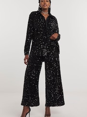 Simply Be Black Sequin Wide Leg Trousers - Image 1 of 3