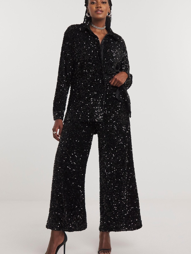 Simply Be Black Sequin Wide Leg Trousers - Image 1 of 3