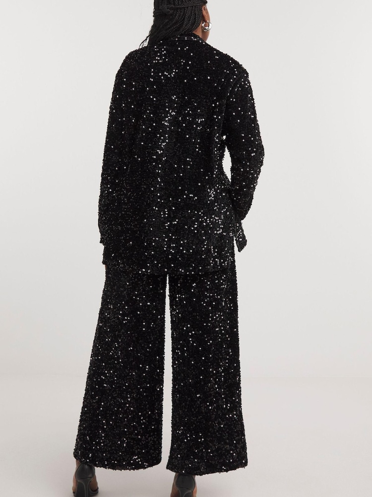Simply Be Black Sequin Wide Leg Trousers - Image 2 of 3