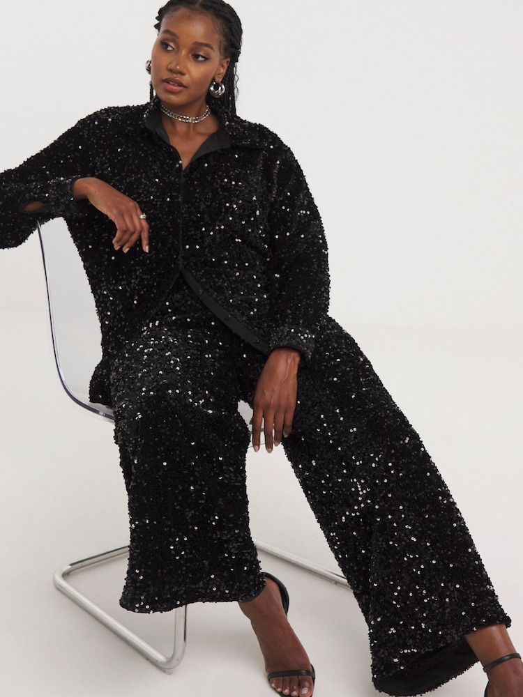 Simply Be Black Sequin Wide Leg Trousers - Image 3 of 3