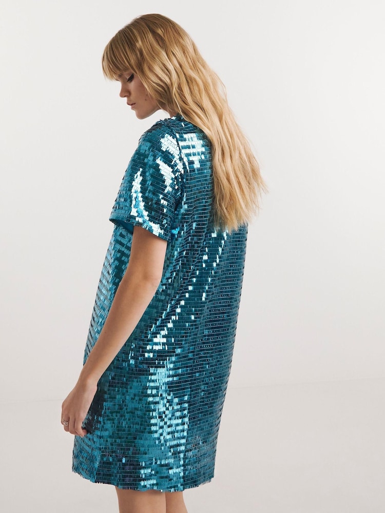 Simply Be Blue Sequin T-Shirt Dress - Image 2 of 4