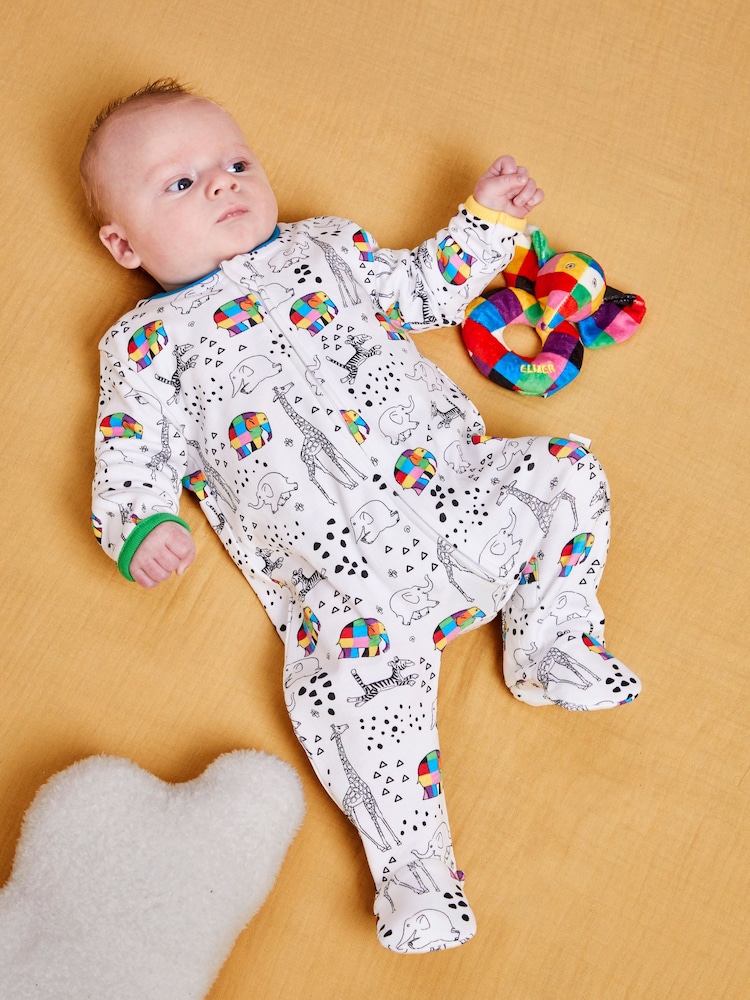 JoJo Maman Bébé White Elmer Print Sleepsuit - Image 2 of 5