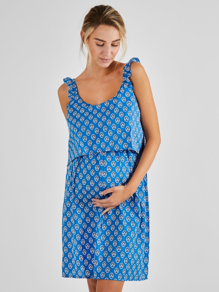 JoJo Maman Bébé Blue Batik Flutter Sleeve Maternity & Nursing Nightdress - Image 1 of 4