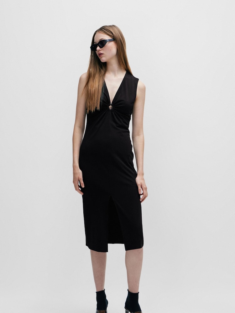 HUGO Sleeveless Black Midi Dress With Cut-Outs and Ring Detail - Image 1 of 5