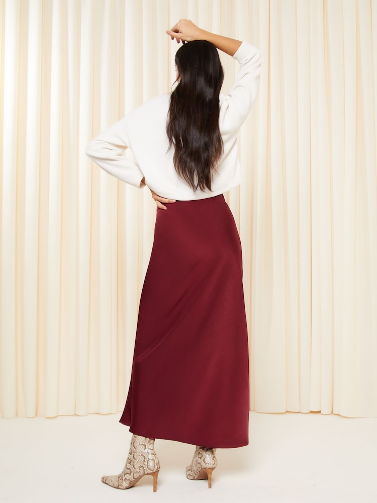 Friends Like These Berry Red Satin Bias Cut Maxi Skirt - Image 4 of 4
