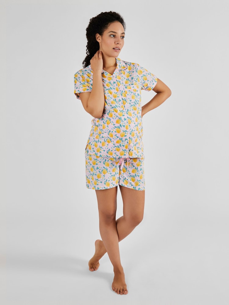 JoJo Maman Bébé Pink Lemon Print Maternity & Nursing Short Pyjamas Set - Image 1 of 5