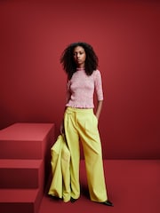 HUGO Pink Ruffle Trim Stretch Fabric Mock Neck Blouse - Image 1 of 6