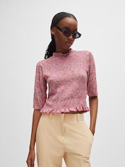 HUGO Pink Ruffle Trim Stretch Fabric Mock Neck Blouse - Image 2 of 6