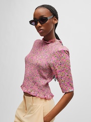 HUGO Pink Ruffle Trim Stretch Fabric Mock Neck Blouse - Image 5 of 6