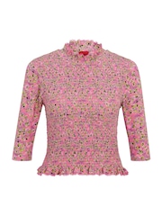 HUGO Pink Ruffle Trim Stretch Fabric Mock Neck Blouse - Image 6 of 6