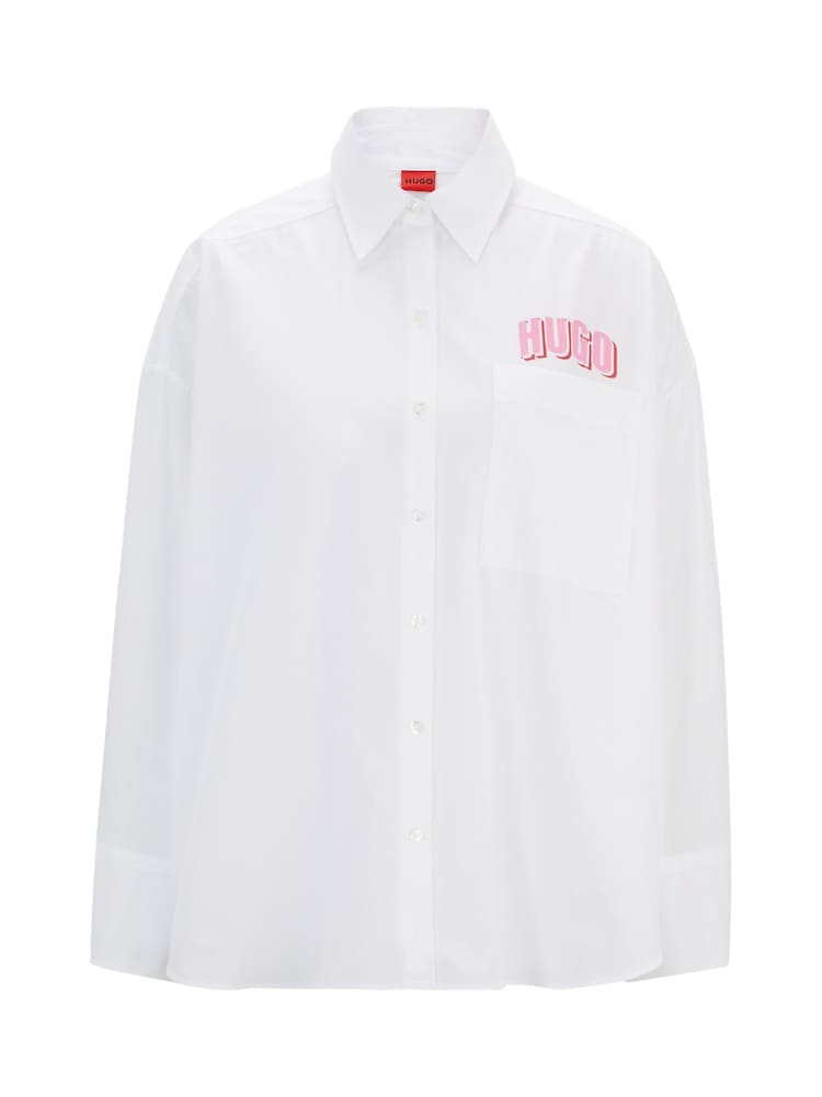 HUGO Oversized Fit White Blouse In Cotton Canvas With Seasonal Logo - Image 6 of 6